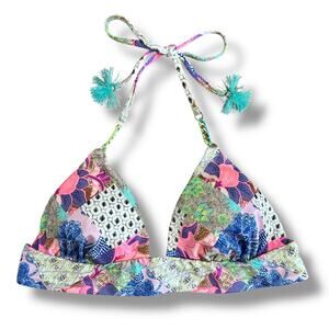 Victoria’s Secret Bikini Top‎ L Boho Y2K Triangle Tassel Swim Floral Festival